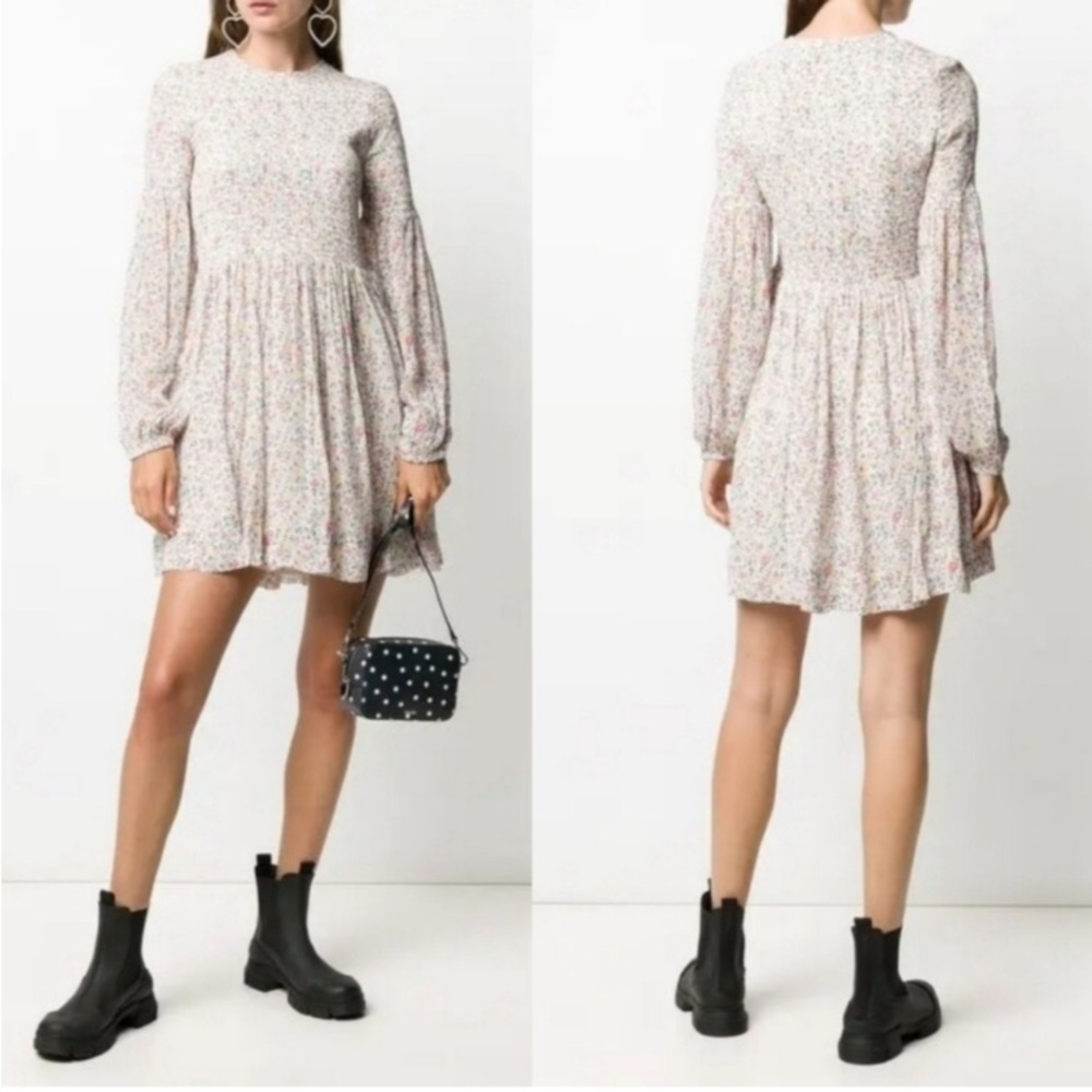Ganni Floral Print Georgette Smocked Shirred Dress